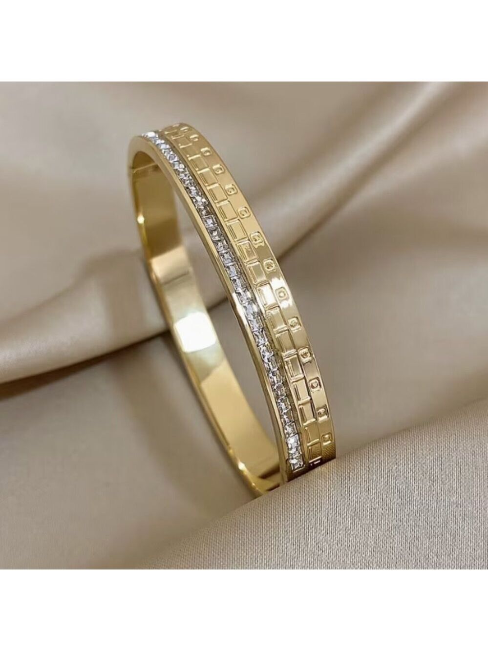 18K Gold Plated Stainless Steel Bracelet inlaid w/Synthetic Zirconia Bangle